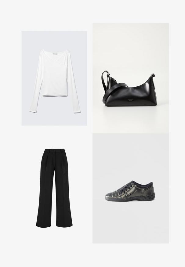 Weißes Langarmoberteil mit einem Überlappungsdesign und einer Tasche. Hergestellt aus einem glatten, elastischen Material. In einem lässigen, entspannten Schnitt.; Schwarze, hoch taillierte, weit geschnittene Hose mit vorderen Falten, Gürtelschlaufen und Knopfverschluss am Bund.; Schwarzer niedriger Nike Sneaker mit Schnürsenkeln, genähten Details und einer strukturierten Sohle vor einem schlichten weißen Hintergrund.; Schwarze lederne Handtasche mit glatter Textur. Verfügt über einen verstellbaren Riemen und ein elegantes, minimalistisches Design mit einem Reißverschluss.