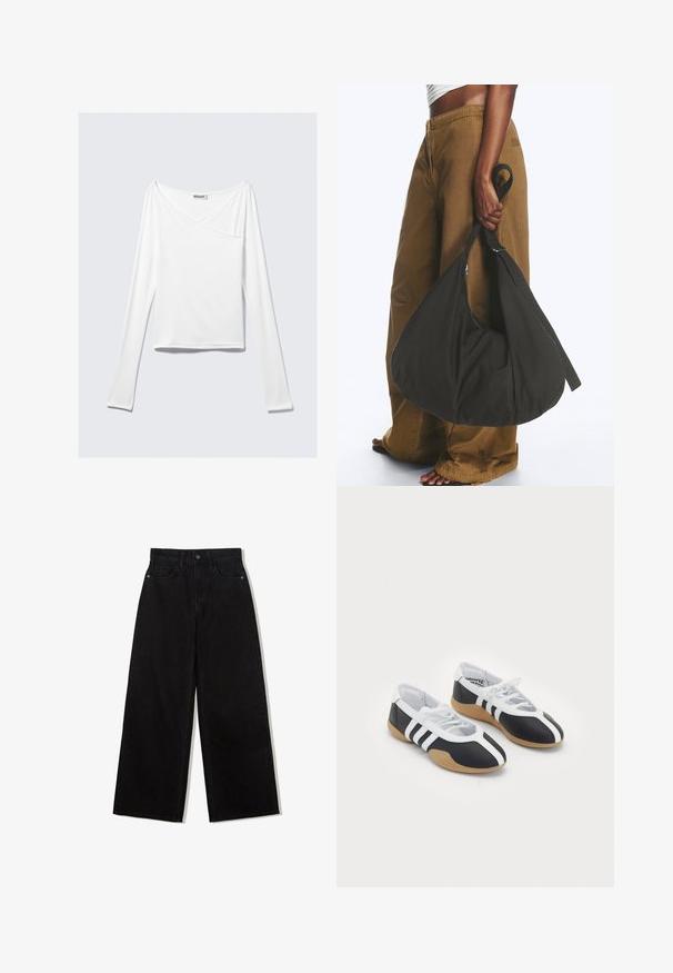 Weißes Langarmoberteil mit einem Überlappungsdesign und einer Tasche. Hergestellt aus einem glatten, elastischen Material. In einem lässigen, entspannten Schnitt.; Schwarze, weit geschnittene Jeans aus Denim mit hoher Taille, die ein Fünf-Taschen-Design und einen einzelnen Knopfverschluss vorne aufweist.; Schwarz-weiße Sportschuhe mit einem eleganten Design, Gummisohle, Schnürverschluss und drei weißen Streifen an den Seiten.; Person trägt braune weite Hose und weißes Oberteil und hält eine große schwarze weiche Handtasche an der Seite am Trageriemen.
