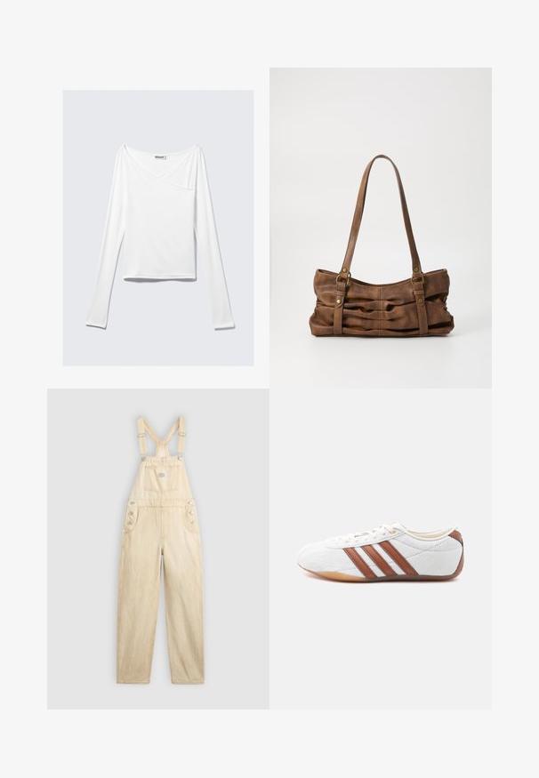 Top blanco de manga larga con diseño cruzado y un bolsillo. Fabricado en una tela suave y elástica. Con un corte casual y relajado.; Overol de mezclilla en un tono beige claro, con un bolsillo cuadrado, tirantes ajustables, botones de presión en el lateral y corte de pierna ancha.; Zapatilla blanca de corte bajo con franjas de cuero marrón, cierre de cordones y suela de goma color caramelo, mostrada desde el lado interior sobre un fondo blanco.; Even&Odd Bolso de mano - brown