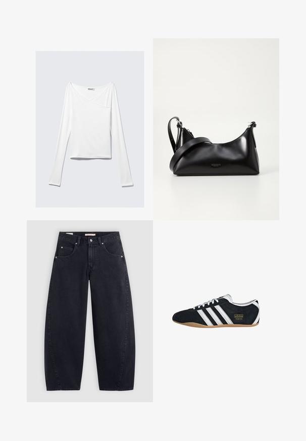 Witte long-sleeve top met een crossover ontwerp en een zak. Gemaakt van een gladde, rekbare stof. Geknipt in een casual, relaxte pasvorm.; Zwarte denim wijde pijpen jeans met een hoge taille, twee frontzakken en zilveren hardware. Gladde textuur, minimale stiksels en rechte snit.; Zwarte suède sneaker met witte drie strepen, gouden logo en een bruine rubberen zool. Heeft een laag profiel vetersluiting ontwerp.; Zwarte leren handtas met een gladde textuur. Beschikt over een verstelbare schouderband en een strak, minimalistisch ontwerp met een ritssluiting.