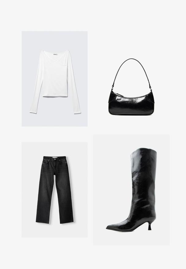 Haut blanc à manches longues avec un design croisé et une poche. Fabriqué dans un tissu lisse et extensible. Coupé dans une coupe décontractée et ample.; Bershka Jean droit - mottled dark grey; Botte en cuir noire brillante, haute jusqu'au genou, avec bout pointu et talon bas courbé sur un fond clair uni.; Sac à épaule en cuir noir brillant avec un seul compartiment zippé et une fine bandoulière arquée.