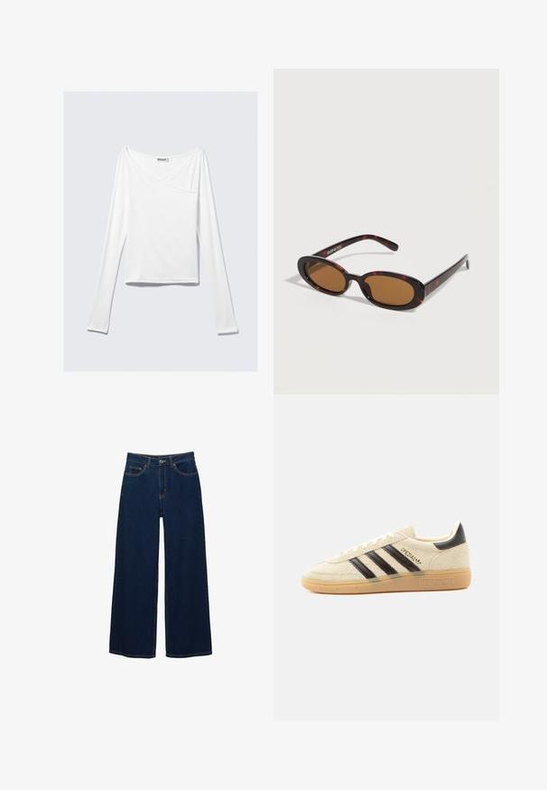 Weißes Langarmoberteil mit einem Überlappungsdesign und einer Tasche. Hergestellt aus einem glatten, elastischen Material. In einem lässigen, entspannten Schnitt.; Dunkelblaue Jeans mit weitem Bein aus Denim; mit Taschen vorne und Knopfverschluss; auffällige Nähte entlang der Nähte; keine Muster oder Verzierungen.; Cremefarbener Wildleder-Sneaker mit schwarzen Streifen, Gummisohle, schwarzem Fersenlasche und goldenem „SPEZIAL“-Schriftzug an der Seite.; Oval geformte Sonnenbrille im Schildpatt-Design mit braunen getönten Gläsern und dünnen Bügeln, liegend auf einer weißen Oberfläche.