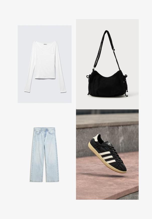 Weißes Langarmoberteil mit einem Überlappungsdesign und einer Tasche. Hergestellt aus einem glatten, elastischen Material. In einem lässigen, entspannten Schnitt.; Hellblaue weit geschnittene Jeans aus Denim mit einem Knopfverschluss und dekorativen Nieten entlang der Seitennähte.; Schwarzer Adidas-Sneaker mit weißen Streifen und beiger Sohle, in der Luft über einer steinernen Oberfläche und mit Steinwand im Hintergrund aufgenommen.; Schwarze Cordtasche mit geschwungener Form, verstellbarem Schultergurt und Kordelzugverschlüssen an beiden Seiten zur Größenanpassung.