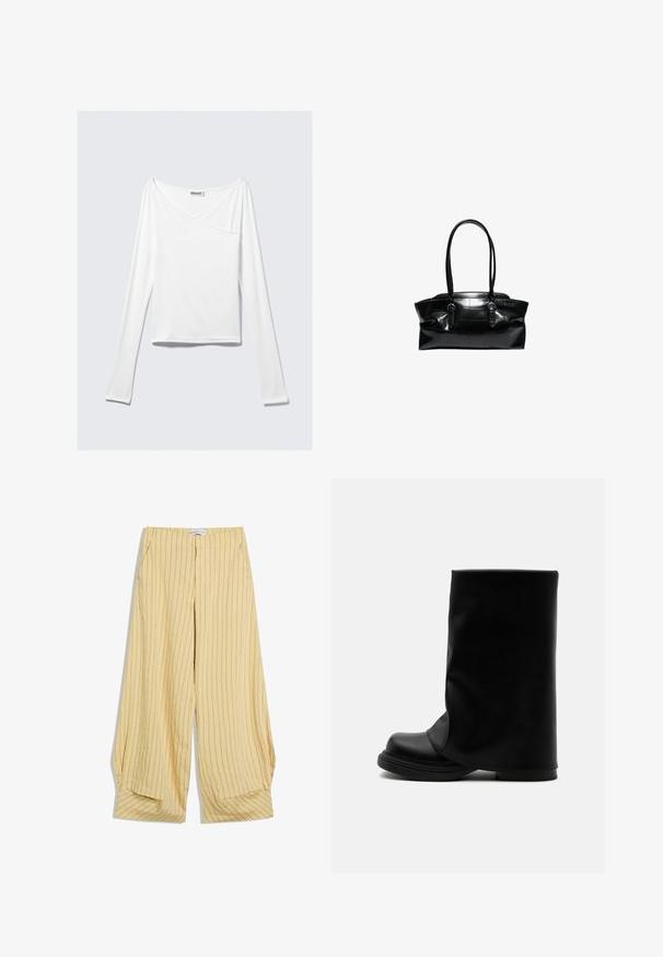 Haut blanc à manches longues avec un design croisé et une poche. Fabriqué dans un tissu lisse et extensible. Coupé dans une coupe décontractée et ample.; Pantalon beige à jambes larges avec fines rayures verticales brunes, poches latérales et taille haute, étalé à plat sur un fond blanc.; Botte haute en cuir noir avec une tige supérieure large et ample et une semelle épaisse et arrondie sur fond blanc.; Sac à main en cuir noir avec deux longues anses et des détails à boucle, avec un motif quadrillé texturé sur la surface.