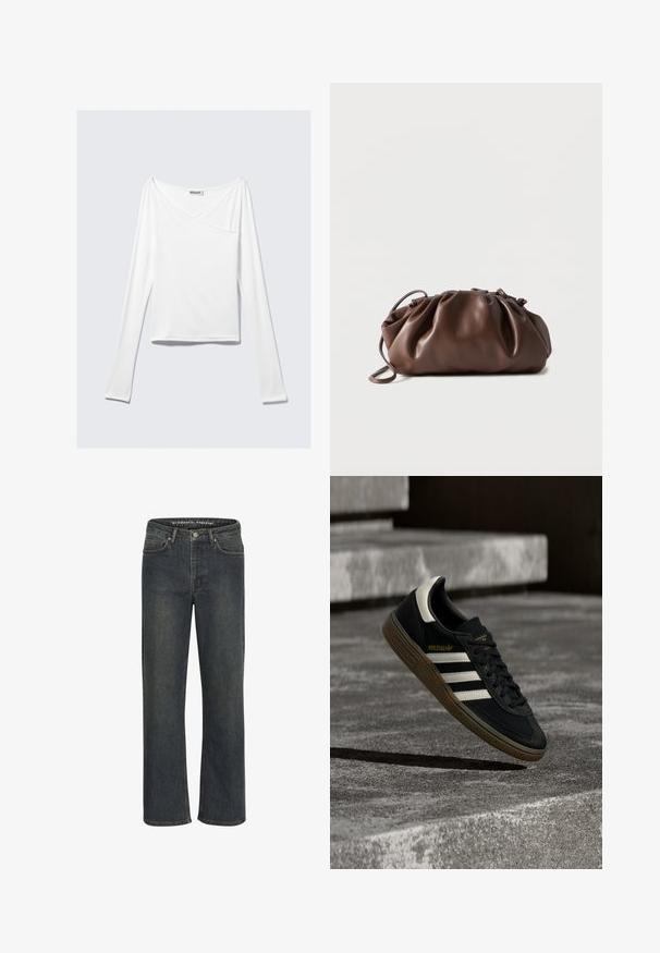 Top blanco de manga larga con diseño cruzado y un bolsillo. Fabricado en una tela suave y elástica. Con un corte casual y relajado.; Jeans de pierna recta en azul oscuro, hechos de tela de mezclilla, con una cintura de altura media, diseño de cinco bolsillos y costuras sutiles a lo largo de las costuras.; Zapatilla negra de Adidas con rayas blancas y suela de goma flotando sobre escalones de concreto gris a la luz natural.; Bolso tipo bolsa de cuero marrón suave con parte superior fruncida y asa delgada, apoyado sobre un fondo blanco.