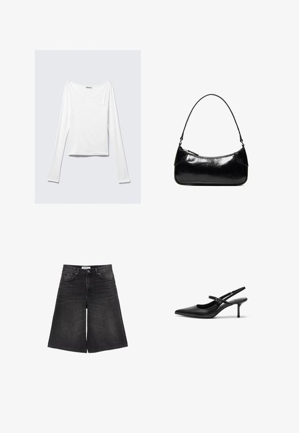 Haut blanc à manches longues avec un design croisé et une poche. Fabriqué dans un tissu lisse et extensible. Coupé dans une coupe décontractée et ample.; Shorts larges en denim noir avec poches avant, passants pour ceinture, fermeture par bouton et détails décolorés.; Talons aiguilles noires en cuir avec un bout pointu, une fine bride réglable, et un talon aiguille d'environ 5 cm, texture lisse.; Sac à épaule en cuir noir brillant avec un seul compartiment zippé et une fine bandoulière arquée.