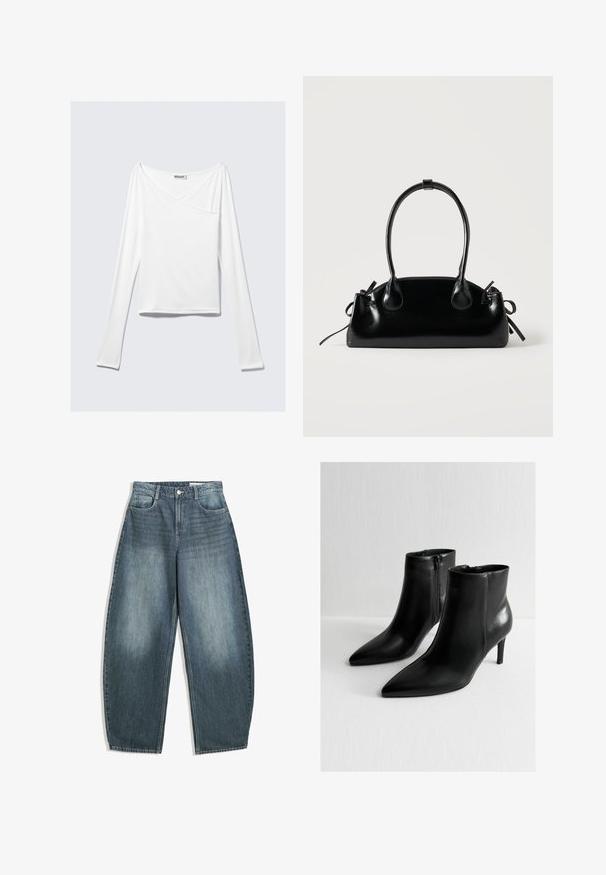 Witte long-sleeve top met een crossover ontwerp en een zak. Gemaakt van een gladde, rekbare stof. Geknipt in een casual, relaxte pasvorm.; Lichtblauwe denim wijde pijpen jeans hebben een hoge taille, vijf zakken, subtiele vervaging en stikselaccenten langs de naden.; Zwarte leren enkellaarsjes met puntige neuzen en een slank ontwerp. Beschikt over een zijrits en slanke stilettohakken voor extra hoogte.; Kleine zwarte glanzende handtas met twee lange hengsels en zijkant trekkoord details op een effen lichte achtergrond.