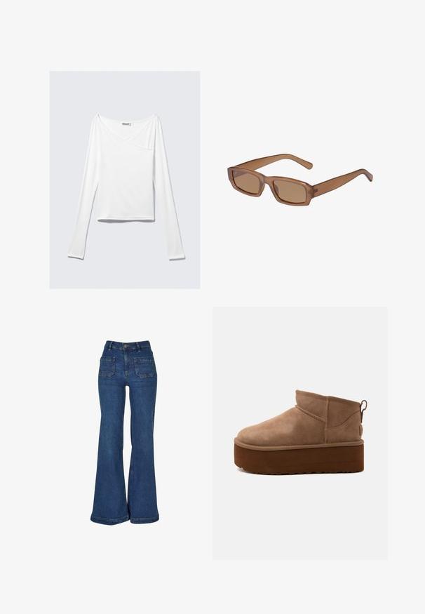Haut blanc à manches longues avec un design croisé et une poche. Fabriqué dans un tissu lisse et extensible. Coupé dans une coupe décontractée et ample.; Jean en denim bleu taille haute avec jambes évasées larges, poches plaquées à l'avant, passants de ceinture et fermeture par bouton.; Bottine marron en daim de hauteur moyenne, style slip-on, avec une semelle épaisse compensée et un onglet à l’arrière sur fond clair.; Lunettes de soleil brunes, rectangulaires, avec une monture transparente, des branches fines et des verres teintés, offrant une texture lisse et un design moderne.