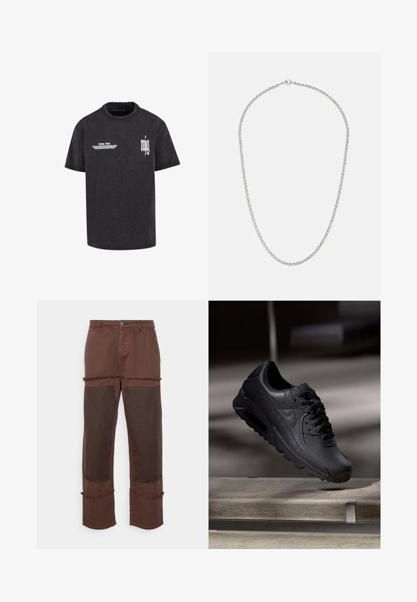 Sort bomulds t-shirt med rund hals, korte ærmer og grafisk tekst foran i hvid. Slidt tekstur tilføjer dybde.; Night Addict Loose-jeans - brown; Sorte Nike Air Max-sneakers med en struktureret læderoverdel, gummisål og fremtrædende snøresystem, der viser et slankt, moderne design.; Maple BAR CURB CHAIN - Halskæder - silver coloured