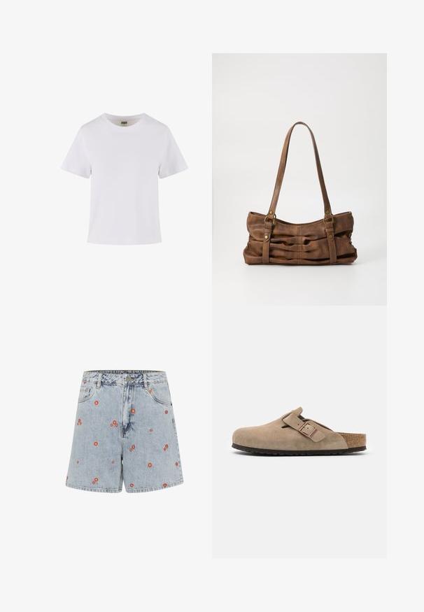 T-shirt en coton blanc à manches courtes, avec un col rond et une coupe droite. Texture lisse, design simple, sans motifs ni accents visibles.; Shorts en denim bleu clair avec des broderies florales rouges. Présentent une taille haute, des poches avant et une coupe droite.; Birkenstock BOSTON SFB VL NARROW - Chaussons - taupe; Even&Odd by Zalando Sac à main - brown