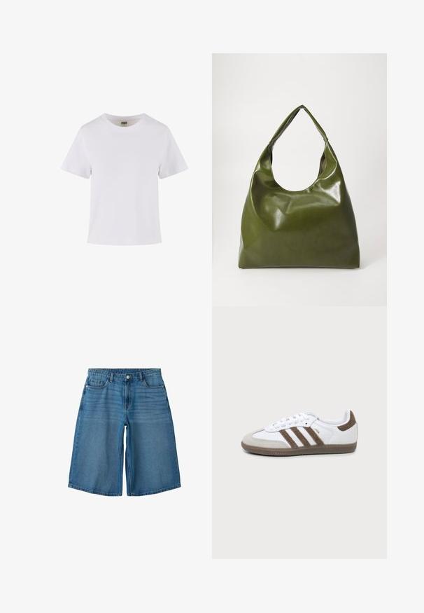 Enkel hvit kortermet T-skjorte i bomull med rund hals, vist forfra på ensfarget hvit bakgrunn.; Blå denim shorts til knærne med knapp og glidelåslukking, frontlommer, myntlomme og beltehemper.; Hvit og brun Adidas Samba-sneaker med tre brune striper, snøring og teksturert såle vist fra siden mot en ensfarget bakgrunn.; Grønn lær hobo-veske med en slapp design, buet håndtak og glatt tekstur. Inneholder ingen synlig maskinvare eller aksenter.