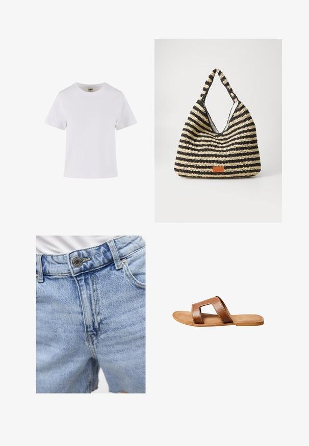 Hvid bomulds t-shirt med korte ærmer, rund halsudskæring og lige snit. Glat tekstur, enkelt design, ingen synlige mønstre eller dekorationer.; Lyseblå denim shorts med høj talje, synlig syning, to forlommer og metalknaplukning. Glat tekstur.; Brun læder slidesandal med bred rem med rektangulært udskåret hul, flad sål og synlige hvide syninger på hvid baggrund.; Stribet vævet taske i sort og beige, med et slouchy design, tekstureret overflade og et lille lædermærke.