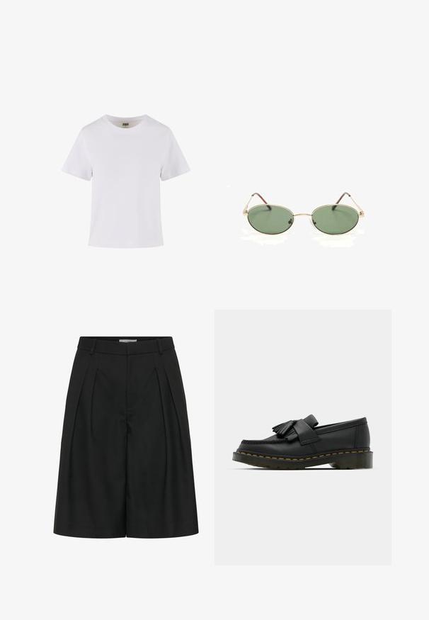 T-shirt en coton blanc à manches courtes, avec un col rond et une coupe droite. Texture lisse, design simple, sans motifs ni accents visibles.; Short noir taille haute sur mesure avec plis devant, passants de ceinture et fermeture avant dissimulée.; Mocassins en cuir noir avec un bout rond, présentant un détail à franges et une bande décorative à l'avant, montés sur un talon épais.; Lunettes de soleil ovales à monture en métal doré avec des verres teintés verts et des branches fines reposant sur une surface blanche.