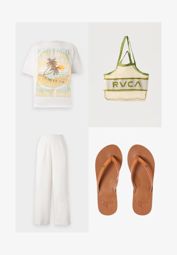 Hvid bomulds T-shirt med et farverigt grafisk tryk af palmer, sol og tekst: "SOLKYSSET I PARADIS," "BILLABONG," og "SOMMERSESSIONS."; Hvide bukser med vidde i benene og en tekstureret, krøllet stof. Har et elastisk liv og sidelommer for bekvemmelighed.; Brune syntetiske klipklapper med orange stropper, tekstureret overflade og præget hjerte-logo detalje på sålen.; Beige net-taske med olivengrøn kant og håndtag, der har "RVCA" logo på midterpanelet mod en ensfarvet baggrund.