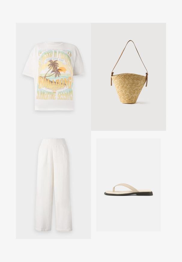 Hvid bomulds T-shirt med et farverigt grafisk tryk af palmer, sol og tekst: "SOLKYSSET I PARADIS," "BILLABONG," og "SOMMERSESSIONS."; Hvide bukser med vidde i benene og en tekstureret, krøllet stof. Har et elastisk liv og sidelommer for bekvemmelighed.; Beige flad thongsandal med polstret fodseng og sort sål, vist fra siden på hvid baggrund.; Flettet stråtaske med bred bund, smal top og justerbar brun læder skulderrem.