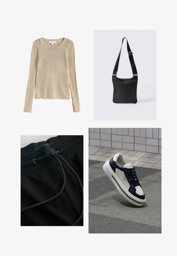 Jersey beige de punto con canalé, manga larga, cuello redondo y corte ajustado, mostrado plano con etiqueta visible en el cuello.; Los pantalones jogger negros cuentan con una cintura de cordón ajustable y un tejido texturizado, con un énfasis en líneas suaves y un diseño minimalista.; Zapatillas de piel blancas y azul marino con punta perforada, cordones y suela de goma texturizada, con una marca en el lateral.; Bolsa de hombro negra de nailon con un diseño plano, correa ajustable y bolsillo con cremallera en el frontal. Presenta una textura suave y un estilo minimalista.