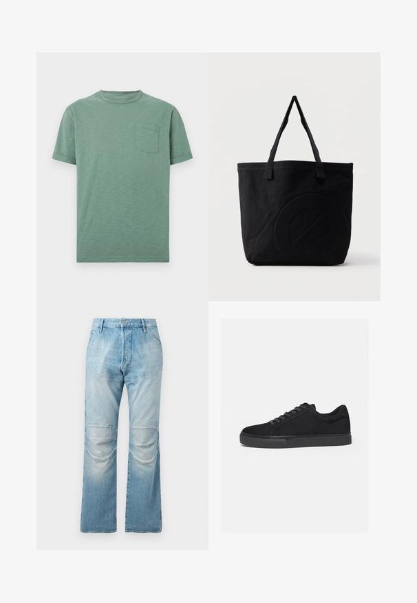 Groen T-shirt met korte mouwen en ronde hals, met een borstzakje, plat gelegd tegen een witte achtergrond.; Lichtblauwe, hooggewaisted jeans met een rechte snit, voorzien van kniestukken en een vervaagde textuur. Metalen knoopsluiting bij de taille.; Zwarte lage sneaker met veterluiting aan de voorkant en platte rubberen zool, zijaanzicht op een witte achtergrond.; Zwarte canvas tas met twee schouderbanden en een subtiel, ingebosseleerd cirkelvormig ontwerp aan de voorkant.