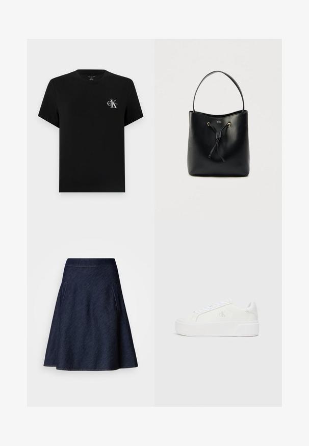Zwart T-shirt met korte mouwen en ronde hals, met een klein wit Calvin Klein "cK"-logo op de linkerborst.; Donkerdenim A-lijn rok met een middelhoge tailleband, twee zijzakken en contrasterende stiksels langs de randen. Soepele textuur.; Witte platform sneakers met een gladleren bovenkant, ronde neus, witte veters en subtiele logodetail aan de zijkant. Platte rubberen zool.; Zwarte leren bucketbag met een gladde textuur, trekkoordsluiting en een enkele schouderriem. Voorzien van goudkleurige hardware en een logo.