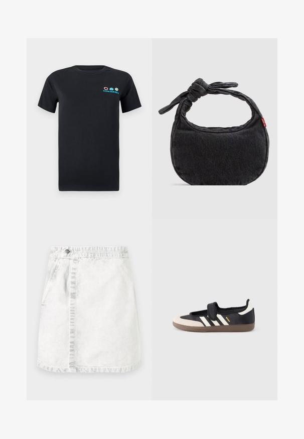 Sort bomulds T-shirt med korte ærmer, der har et farverigt logo-design med pink, blå og grønne elementer på venstre brystområde.; Denim nederdel i lysegrå. A-line design med frontlommer, en synlig søm ned ad midten og en enkelt metalknap i taljen.; Sort og beige sko med velcrolukning, tre hvide striber på siden og en tekstureret brun gummisål. Mærkelogo er synligt.; Lille sort denim skuldertaske med knyttet rem og lynlåslukning, med en rød Levi's stofetiket på siden.