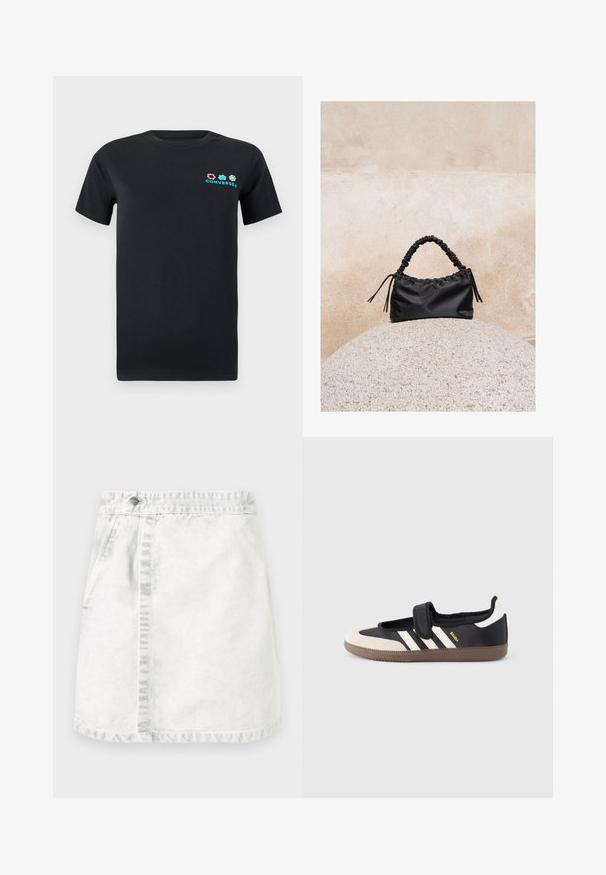 Sort bomulds T-shirt med korte ærmer, der har et farverigt logo-design med pink, blå og grønne elementer på venstre brystområde.; Denim nederdel i lysegrå. A-line design med frontlommer, en synlig søm ned ad midten og en enkelt metalknap i taljen.; Sort og beige sko med velcrolukning, tre hvide striber på siden og en tekstureret brun gummisål. Mærkelogo er synligt.; Sort håndtaske med rynkede detaljer og et samlet håndtag, hvilende på en tekstureret stensfære mod en beige betonvæg.