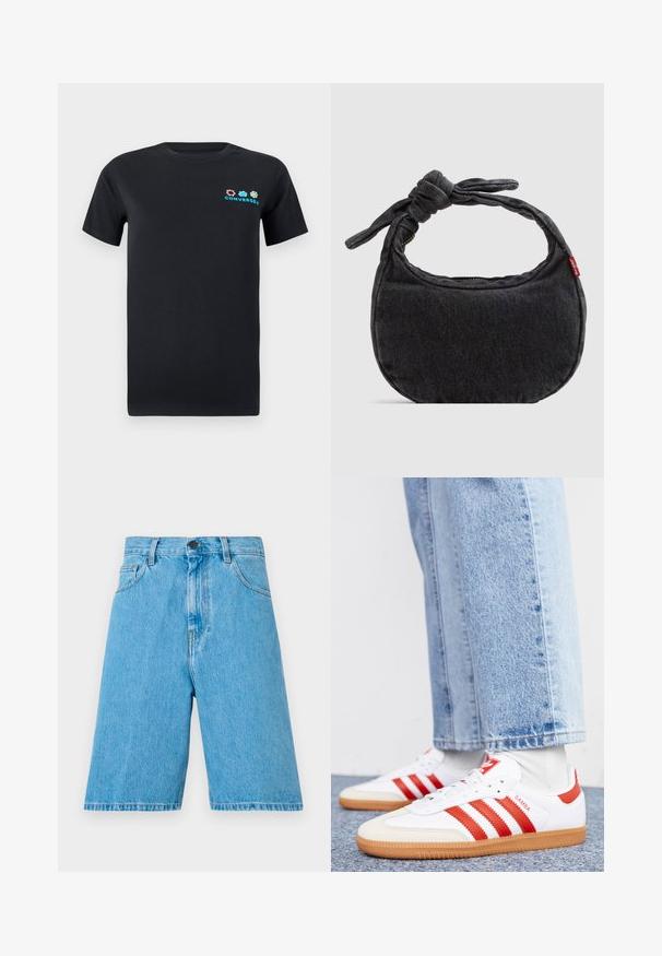 Schwarzes Baumwoll-T-Shirt mit kurzen Ärmeln, das ein farbenfrohes Logo-Design mit pinken, blauen und grünen Elementen auf der linken Brustseite zeigt.; Hellblaue Jeansshorts mit lockerer Passform, ausgestattet mit Gürtelschlaufen, einem Knopfverschluss und vorderen Taschen. Der Stoff hat eine glatte Textur.; Weiße Leder Sneaker mit roten Streifen und Akzenten. Verfügt über eine strukturierte Gummi-Laufsohle und einen gepolsterten Schaft. Tragen mit hellblauer Jeans.; Kleine schwarze Jeans-Umhängetasche mit geknotetem Riemen und Reißverschluss, mit einem roten Levi's Stoffetikett an der Seite.