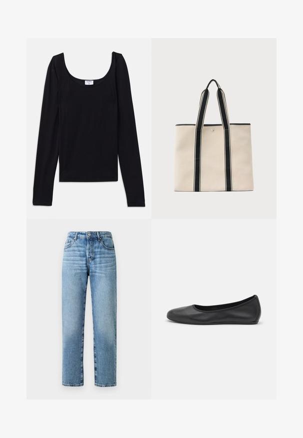 Sort langærmet top med en rund halsudskæring, lavet af glat, strækbart stof. Enkel design, ingen synlige mønstre eller accenter.; Lyst blå denimjeans med lige ben, synlige syninger, knaplukning og fem lommestil.; Sort læderballetsko med rund tå, glat tekstur, minimal syning og et fleksibelt såldesign.; Beige lærreds taske med sorte lodrette striber og håndtag, sikret med en central knaplukning.