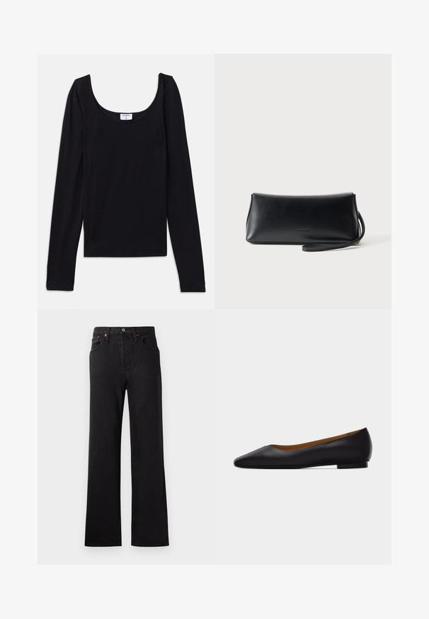 Zwarte langwerpige top met een ronde hals, gemaakt van gladde, rekbare stof. Eenvoudig ontwerp, geen zichtbare patronen of accenten.; Zwart denim jeans met hoge taille en flared pijpen, voorzien van zichtbare stiksels, een vijf-pocket ontwerp en accenten in koperkleurig metaal.; Zwarte leren puntschoen met lage hak en gladde afwerking, zijaanzicht op een lichtgrijze achtergrond.; Zwarte gladde leren clutch met smalle polsband, rechthoekige vorm en subtiel geperst logo in het midden aan de voorkant.