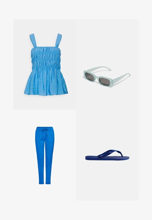 2nd Day LIA SHEER DELIGHT - Bluse - azure blue; Blå joggingbukser lavet af blødt stof, med elastisk talje og snøre, to forlommer og smal bendesign.; Enkelt blå klipklap med tekstureret sål og Y-formet rem, vist fra siden på en ensfarvet hvid baggrund.; Et par rektangulære solbriller med lyseblå gennemsigtige stel og mørkegrå linser, der har lige templer og minimale hardware detaljer.