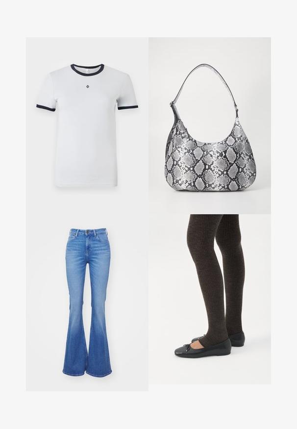 Witte T-shirt met korte mouwen, voorzien van een ronde neklijn en marineblauwe manchetten. Heeft een klein logo op de borst. Gladde stofstructuur.; Lichtblauwe flared jeans van denim, met een hoge taille, vijf zakken en een lichte vervaging naar de zoom. Zilveren knoopsluiting.; Benen met donkere geribbelde leggings gecombineerd met zwarte ballerina's met kleine strikdetails op een witte achtergrond.; Zwart-witte slangenprint schoudertas met een afgeronde vorm, een gladde textuur en een ronde strap. Voorzien van een zilveren hardwareaccent.