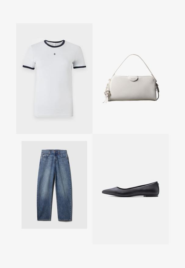Hvid kortærmet t-shirt med en rund navy hals og navy manchetter. Har et lille logo på brystet. Glat stofstruktur.; Blå denim jeans med en afslappet pasform, der har fem lommer, kobbernitter og en fadet vask. Lige ben med en ren kant.; Sort flad lædersko med spidst tåparti og lav hæl, vist i sideprofil mod en hvid baggrund.; Hvid rektangulær Calvin Klein håndtaske med enkelt håndtag, minimalistisk design og dekorative kvaster med geometrisk metalvedhæng på siden.