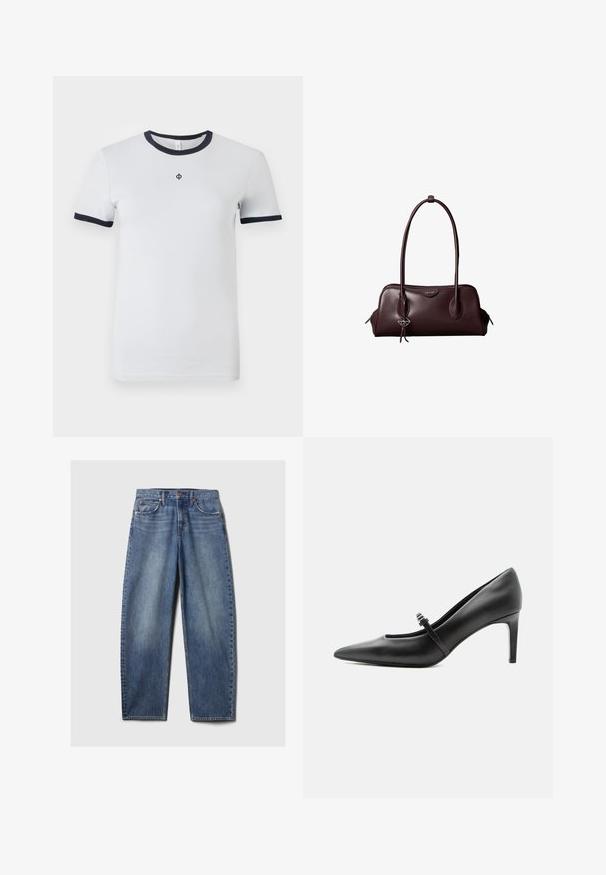 Hvid kortærmet t-shirt med en rund navy hals og navy manchetter. Har et lille logo på brystet. Glat stofstruktur.; Blå denim jeans med en afslappet pasform, der har fem lommer, kobbernitter og en fadet vask. Lige ben med en ren kant.; Sort læderspids højhælede sko med tynd rem og spænde over vristen, stående på en neutral lys baggrund.; Mørkebrun lædertaske fra Calvin Klein med lange dobbelte håndtag og en lille logohængende ved det ene håndtag.