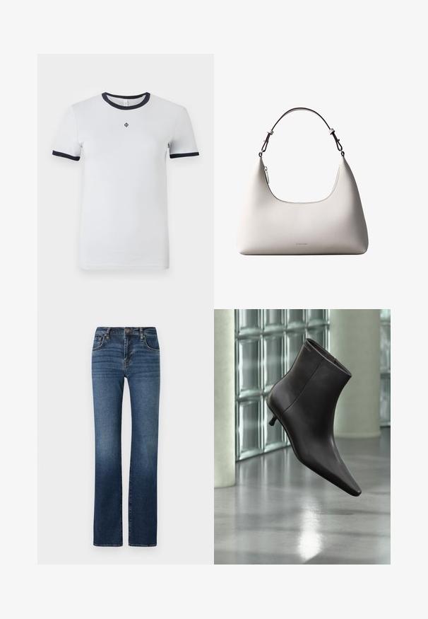 Witte T-shirt met korte mouwen, voorzien van een ronde neklijn en marineblauwe manchetten. Heeft een klein logo op de borst. Gladde stofstructuur.; Donkerblauwe denim jeans met een rechte pijpdesign, hoge taille, subtiele vervaging, vijf zakken en metalen knoopsluiting.; Zwarte leren enkellaars met puntige neus en lage hak, afgebeeld tegen een glazen blokkenmuur en gepolijste vloer op de achtergrond.; Romige Calvin Klein leren schoudertas met gebogen bovenrand, zilveren rits en donkerbruine verstelbare riem.