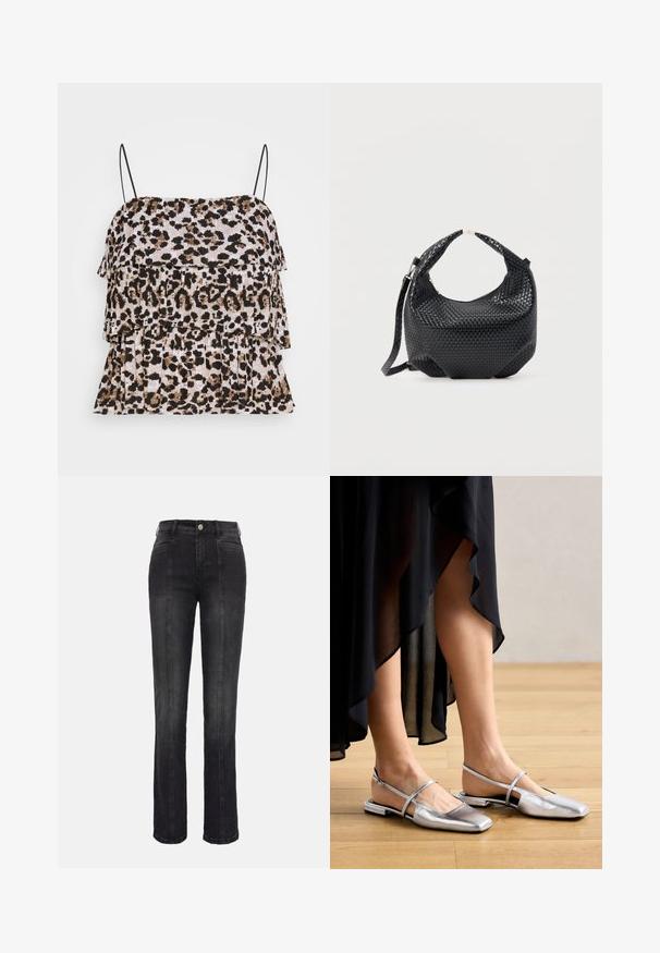Top sin mangas de estampado de leopardo con un diseño de volantes en capas. Tirantes negros tipo espagueti. Tejido suave y texturizado en tonos de beige, marrón y negro.; Pantalones vaqueros negros de cintura alta con corte recto, detalle de costura frontal, trabillas para cinturón y cierre con botón sobre un fondo gris claro liso.; Zapatos planos metálicos plateados con diseño de punta cuadrada, tira trasera y acentos recortados. Textura suave sobre un suelo de madera.; Bolso de mano de cuero negro trenzado con asa corta y correa de hombro desmontable, exhibido sobre un fondo claro y liso.