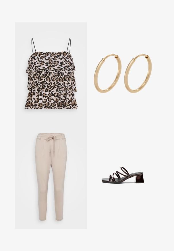 Top sin mangas de estampado de leopardo con un diseño de volantes en capas. Tirantes negros tipo espagueti. Tejido suave y texturizado en tonos de beige, marrón y negro.; Pantalones beige confeccionados en una tela suave, con cinturilla elástica ajustable, pliegues frontales y piernas estrechas. Textura lisa sin patrones visibles.; Sandal de tacón abierto en piel sintética burdeos oscuro, con tres tiras delgadas y un tacón cuadrado. Superficie suave, diseño minimalista.; Pendientes de aro de oro con un acabado suave y pulido. Forma redondeada, tamaño mediano, con un mecanismo de cierre seguro.