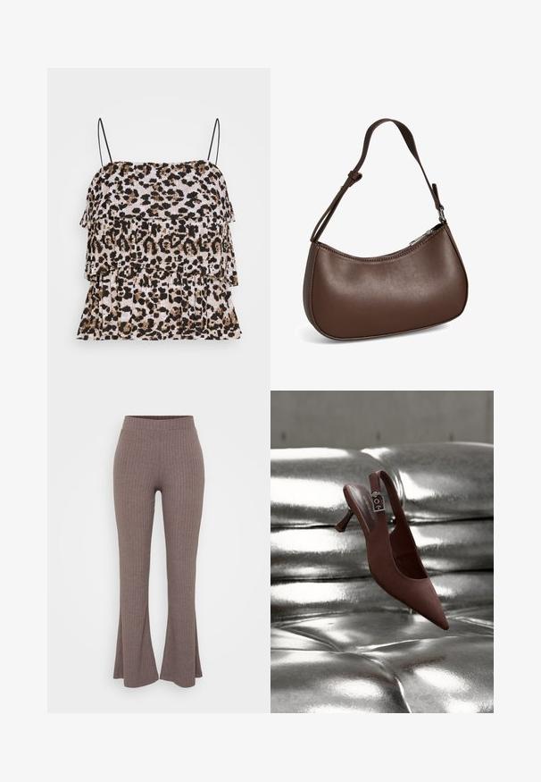 Top sin mangas de estampado de leopardo con un diseño de volantes en capas. Tirantes negros tipo espagueti. Tejido suave y texturizado en tonos de beige, marrón y negro.; Pantalones acampanados de canalé marrones con una cinturilla alta y elástica, y una textura suave, que presentan un sutil patrón vertical en toda su superficie.; Zapato slingback marrón con punta, tacón bajo y correa con hebilla, reposando sobre una superficie acolchada plateada metálica y brillante.; Pequeño bolso bandolera de cuero marrón con correa ajustable y cierre de cremallera, mostrado sobre un fondo blanco. Sin logotipos ni adornos visibles.