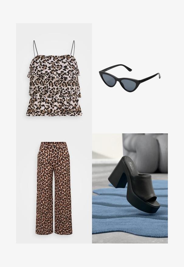 Animal print tanktop med lagdelte flæser. Sorte spaghetti stropper. Blød, tekstureret stof i nuancer af beige, brun og sort.; Even&Odd Petite P-EO-AW21-A-003-SP / PETITE_TAILORED WIDE LEG TROUSERS - Bukser - brown; Sort platform højhælet åben-tå mule sko, der hviler på et blåt tekstureret tæppe med sløret gråt møbel i baggrunden.; Sorte katteøje solbriller med mørkegrå linser, slankt plastisk stel, spidse hjørner og lige stænger. Ingen synlig hardware eller dekorationer.
