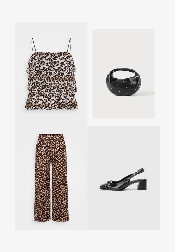 Animal print tanktop med lagdelte flæser. Sorte spaghetti stropper. Blød, tekstureret stof i nuancer af beige, brun og sort.; Even&Odd Petite P-EO-AW21-A-003-SP / PETITE_TAILORED WIDE LEG TROUSERS - Bukser - brown; Sorte læder slingback hæl med spids tå, tekstureret rem med cirkulære metalliske accenter, og en stablet blokhæl.; Sort læderhåndtaske med en rundet form, dekoreret med sølvnitter, og et kort håndtag. Glat tekstur og lynlåslukning.