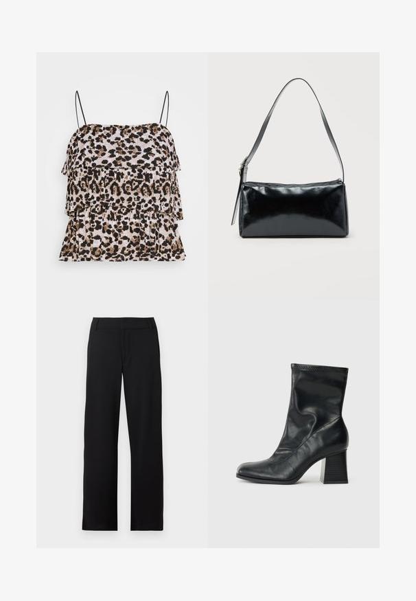 Animal print tanktop med lagdelte flæser. Sorte spaghetti stropper. Blød, tekstureret stof i nuancer af beige, brun og sort.; Sorte bukser med lige ben, bæltestropper og lynlås foran, vist mod en hvid baggrund.; Sort læder ankelstøvle med en fleksibel overdel og firkantet tå. Har en struktureret blokhæl og minimal syning.; Sort rektangulær skuldertaske med en enkelt justerbar rem og lynlås i toppen på en ensfarvet baggrund.