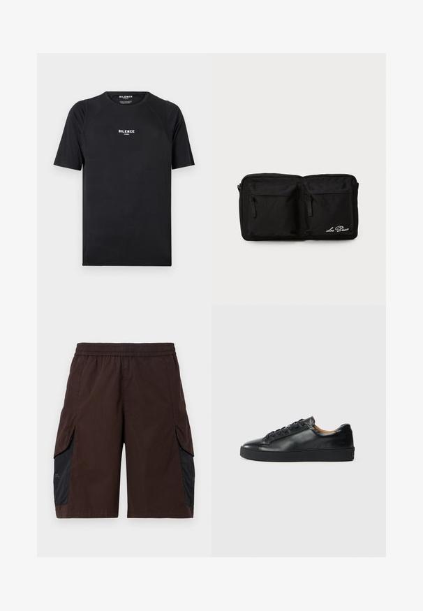 T-shirt noir à manches courtes en tissu lisse, doté d'un col rond et d'un logo blanc "SILENCE" sur la poitrine.; Shorts marron avec une ceinture élastique, dotés de panneaux latéraux noirs et de poches passepoilées. Le matériau semble léger avec une texture lisse.; Baskets en cuir noir avec une texture lisse, bout rond et fermeture à lacets. Comprend une semelle en caoutchouc épaisse et un minimum de détails de marque.; Pochette en tissu noir avec deux poches zippées à l'avant, texte brodé, forme rectangulaire, texture durable et design discret.
