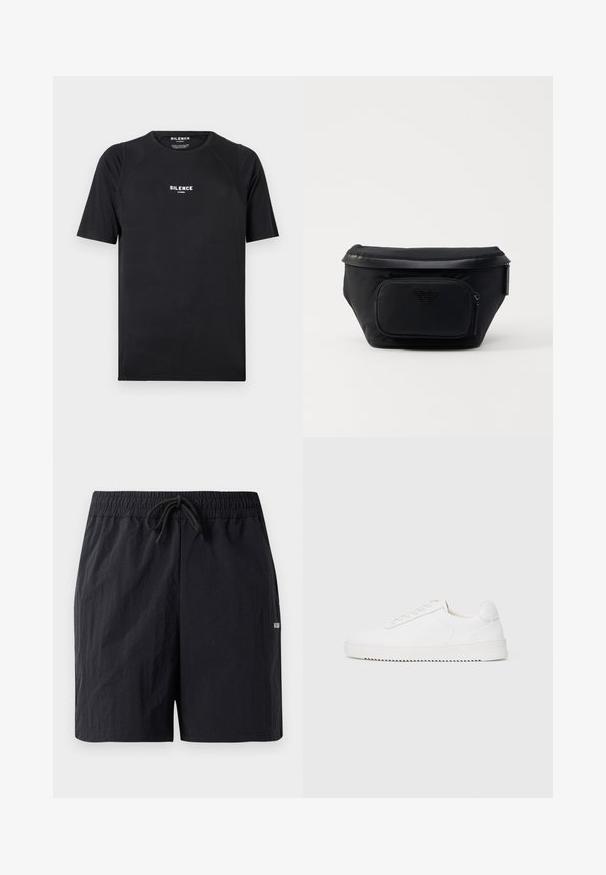 Sort kortærmet t-shirt lavet af glat stof, med rund hals og et hvidt "SILENCE" logo på brystet.; Sorte badeshorts lavet af struktureret stof, med elastisk talje med snor og et lille logo på siden.; Hvid sneaker med en glat læderoverdel, rund tå, snørebånd, teksturerede sideaccenter og en tyk gummisål. Minimalistisk design.; Sort nylon taske med en frontlomme med lynlås, der har en glat overflade og et logo som accent. Struktureret design med fold-over top.