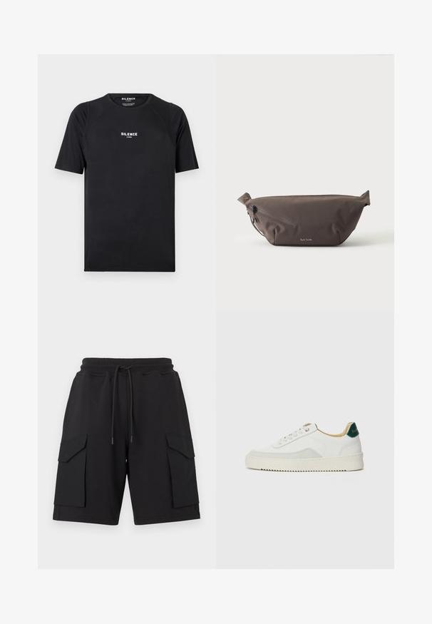 T-shirt noir à manches courtes en tissu lisse, doté d'un col rond et d'un logo blanc "SILENCE" sur la poitrine.; Shorts cargo noirs en tissu doux avec une taille élastique et un cordon de serrage. Comprennent deux grandes poches latérales et des ourlets cousus.; Baskets blanches avec des accents en daim, bout arrondi, lacets plats et semelle en caoutchouc crème. Présente une marque verte sur le talon.; Sac banane en tissu marron foncé avec poche zippée en diagonale et petit logo blanc sur le devant, sur un fond clair uni.
