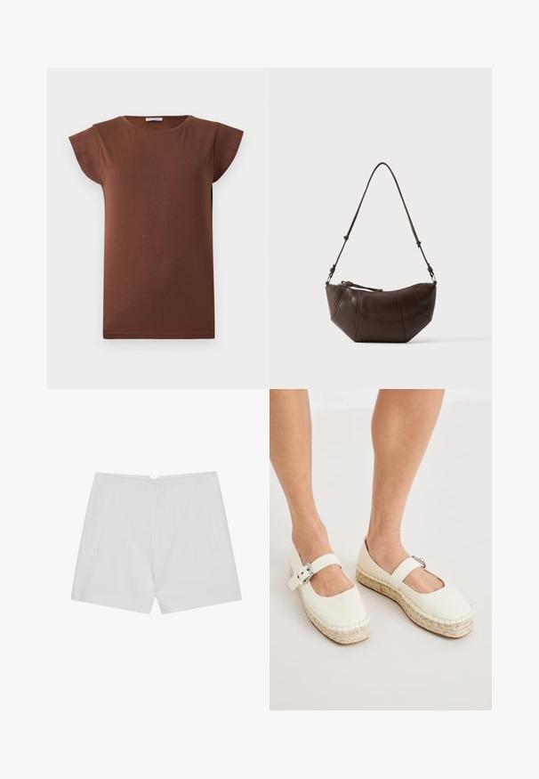 Bruine T-shirt met korte mouwen en een ronde hals met een rechte zoom, plat liggend op een lichte achtergrond.; Witte shorts met een op maat gemaakte uitstraling, vlakke voorkant, twee zijzakken en een nette zoom. Gemaakt van een soepel materiaal zonder zichtbare patronen.; Witte leren espadrilles in stijl met een vierkante neus, verstelbare gespband en geweven jute zool. Gladde textuur en strakke lijnen.; Bruine leren schoudertas met een gebogen onderkant en een verstelbare riem tegen een effen lichte achtergrond.