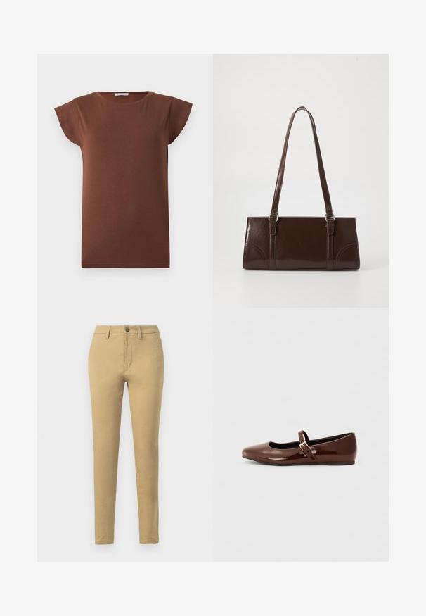 Brun kortærmet t-shirt med rund hals og lige kant, vist fladt på en lys baggrund.; Khaki chinos lavet af en blanding af bomuldsstof, med slim fit, bæltestropper, frontlommer og en enkelt knaplukning.; Brun patentlæder balletflade med firkantet tå og strop med en lille guldbuckle. Glat tekstur, lav hæl og minimalistisk design.; Brun lakeret håndtaske med rektangulær form, to lange håndtag og subtile buede detaljer på fronten.