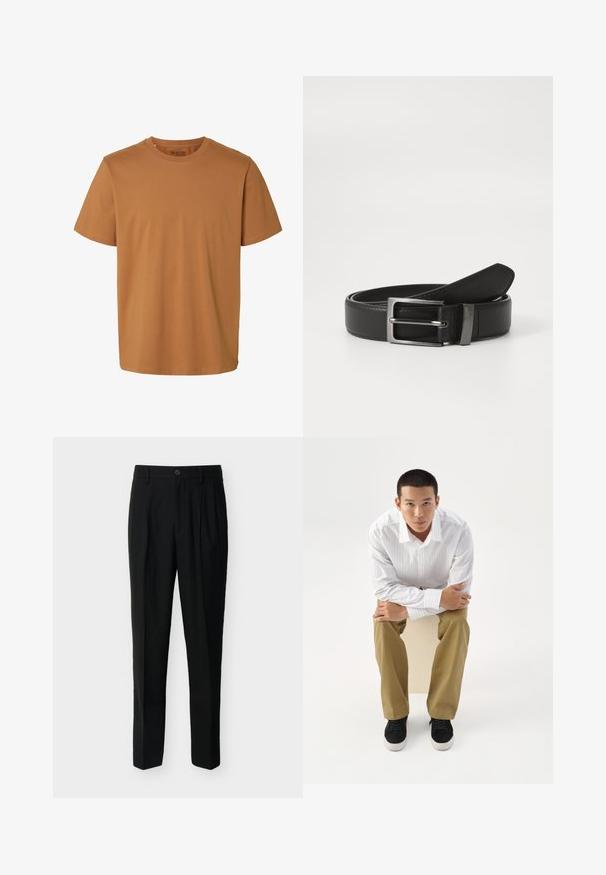 Effen bruine katoenen T-shirt met korte mouwen, ronde hals en normale pasvorm, met het label "Selected Homme" aan de binnenkant van de kraag.; Zwarte, op maat gemaakte, high-waist broek met riemlussen, plooien aan de voorkant, zijzakken en een knoop- en ritssluiting.; Jonge man in wit gestreept overhemd en kaki broek, voorover zittend op een kruk met gekruiste armen, kijkt recht vooruit op een witte achtergrond.; Zwarte leren riem met een zilveren metalen gesp, met een gladde afwerking en een klassiek ontwerp. De riem is netjes opgevouwen.