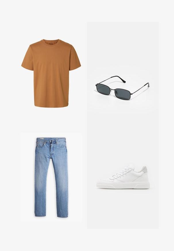 Yksinkertainen ruskea lyhythihainen puuvilla-T-paita pyöreällä kaula-aukolla ja normaalilla istuvuudella, jossa kauluksen sisäpuolella teksti "Selected Homme".; Levi's® 501® LEVI'S® ORIGINAL - Straight leg -farkut - smooth cruise cool; Valkoiset nahkakengät, joissa on sileä pinta, pyöreä kärki, litteät nauhat ja teksturoitu pohja. Harmaa mokkanahka korostaa kantapäätä.; Mustat suorakaiteen muotoiset aurinkolasit, joissa ohut metallikehys ja tummat linssit, lepäävät valkoisella pinnalla.