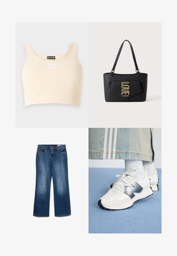 Beige ribbet croppet tanktop med brede stropper og EA7 Emporio Armani logoer på brystet og indersiden af kraven.; Videbenede jeans i mellemblåt denim, med et let slidt finish, fem lommer, knaplukning og bæltestropper.; Hvide sportsko med sølvdetaljer, tekstureret stof og glat læder; med en sort gummisål og snørebånd.; Sort læder skuldertaske med frontklaplomme med bogstaver i guldmetal "LOVE" og tekst "Love Moschino", to skulderstropper.