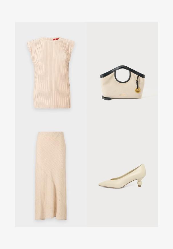 Ärmellose beige plissierte Bluse mit rundem Ausschnitt und dezenter vertikaler Struktur, präsentiert vor weißem Hintergrund.; Beige Midi-Rock mit diagonaler Rippstruktur, asymmetrischem Saum und weichem Gewebe. Glatte Oberfläche, leichtes Design.; Damenpumps in cremefarben mit spitz zulaufender Schuhspitze und niedrigem, kugelförmigem Absatz vor einfarbigem Hintergrund.; Beige Stoffhandtasche mit schwarzem Lederbesatz, rundem Griffausschnitt, schwarzem Riemen und goldenem rundem MK-Logocharm auf der rechten Seite.