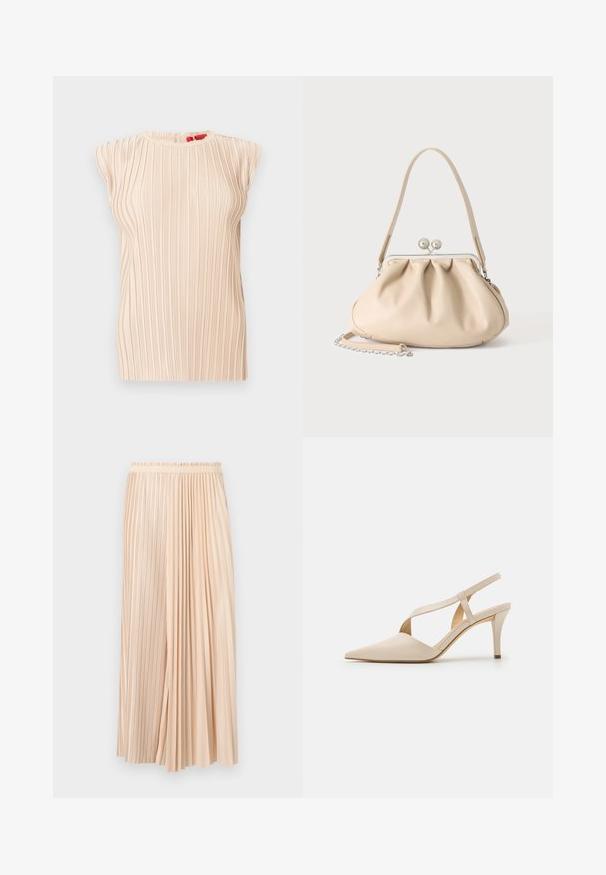 Blouse plissée beige sans manches avec encolure ronde et texture verticale subtile, présentée sur un fond blanc.; Jupe midi plissée bicolore beige avec ceinture élastique, combinant des plis fins et larges pour un look fluide et texturé.; Talons slingback beiges avec un design à bout pointu. Fabriqués en matériau lisse, présentant un talon effilé et un détail de sangle croisée pour un maintien sécurisé.; Sac à main en cuir souple beige avec un fermoir en métal argenté, une bandoulière simple et une bandoulière chaîne optionnelle sur fond blanc.