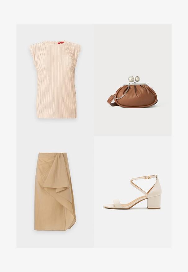 Blouse plissée beige sans manches avec encolure ronde et texture verticale subtile, présentée sur un fond blanc.; Jupe enveloppante beige en tissu léger avec un drapé asymétrique, dotée d'une ceinture froncée et d'une texture lisse. Sans fermetures visibles.; Sandales à talon bloc beiges présentant un design minimaliste, bout ouvert et une sangle de cheville ajustable avec une boucle dorée. Texture lisse.; Pochette en cuir marron avec un fermoir à boule en argent et un petit détail en chaîne argentée sur fond blanc.