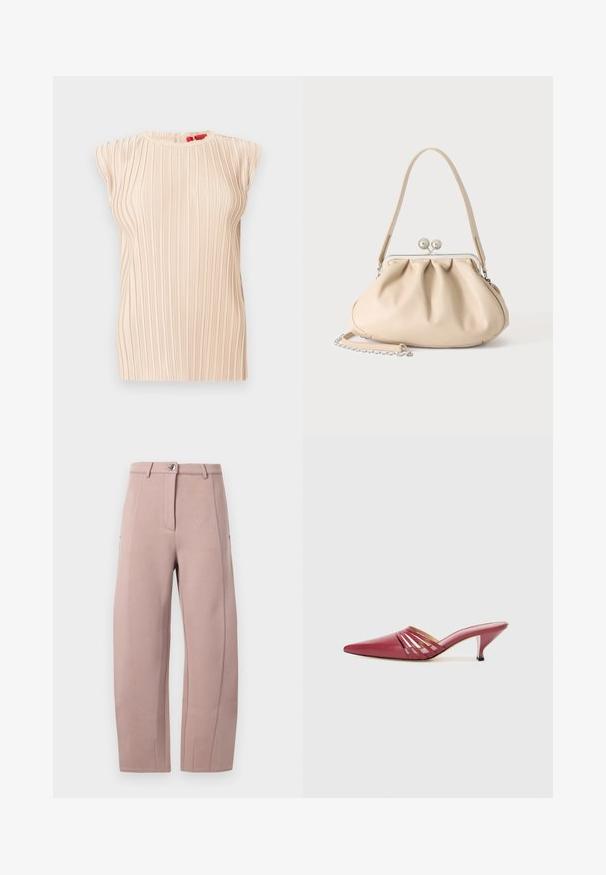 Blusa sin mangas beige plisada con escote redondo y textura vertical sutil, mostrada sobre un fondo blanco.; Pantalones de tela suave y de un rosa claro, con corte recto, que presentan un cierre frontal con cremallera, un botón de cierre y bolsillos laterales. Textura suave con detalles de costura.; Mules de cuero rojo con punta puntiaguda y tacón bajo, con detalles recortados en los laterales y textura suave. Diseño elegante y aerodinámico.; Bolso de mano de cuero suave beige con cierre de marco metálico plateado, una correa para el hombro y una correa de cadena opcional sobre un fondo blanco.